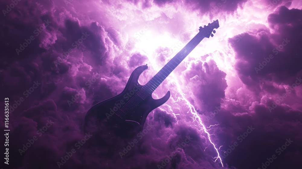 Fototapeta premium Electrifying Heavy Metal Fury - 3D Render of Dramatic Lightning Bolt Striking Guitar with Dark Clouds Swirling Above