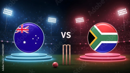 Australia Vs South Africa cricket match with glowing 3D flags, illuminated cricket stumps, and ball in a vibrant night stadium background with bright floodlights and abstract design elements photo