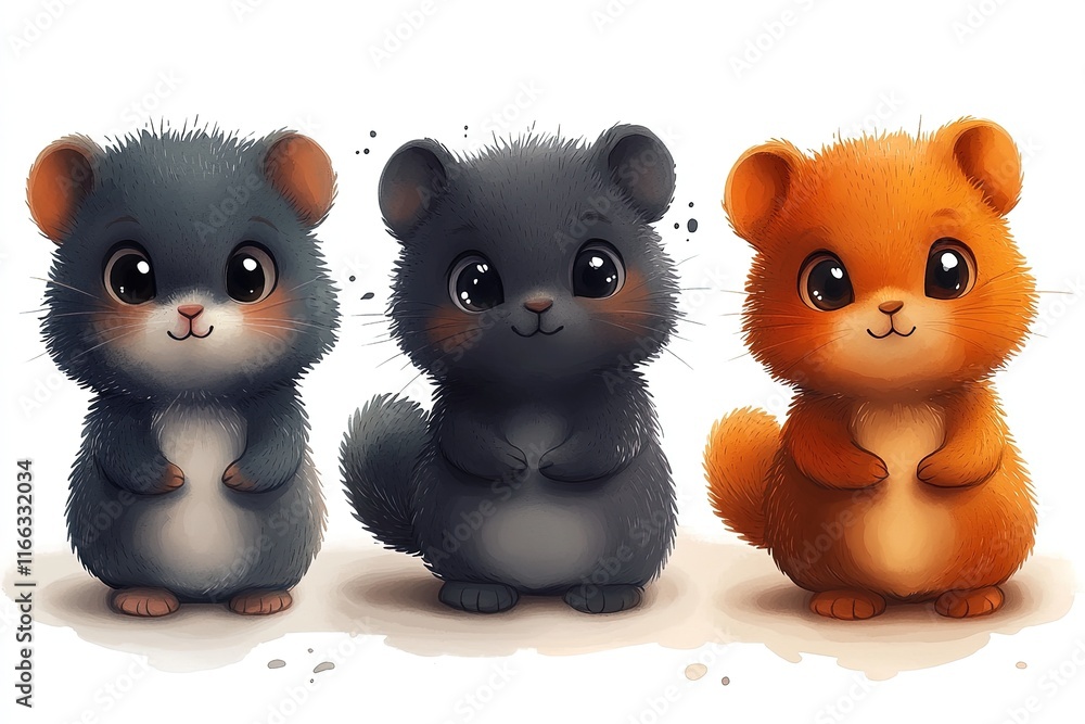 Three cute, cartoon-style hamsters in different colors, standing upright. Three cute, cartoon-style hamsters in different colors, standing upright.