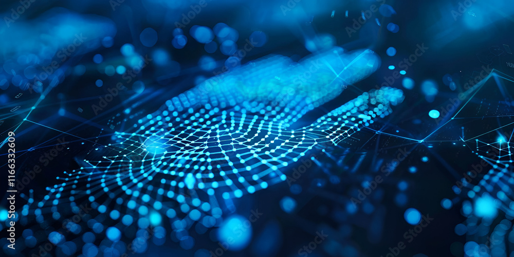 Digital Handprint with Glowing Dots, Futuristic Biometric Hand Scanning Digital Handprint with Glowing Dots, Futuristic Biometric Hand Scanning