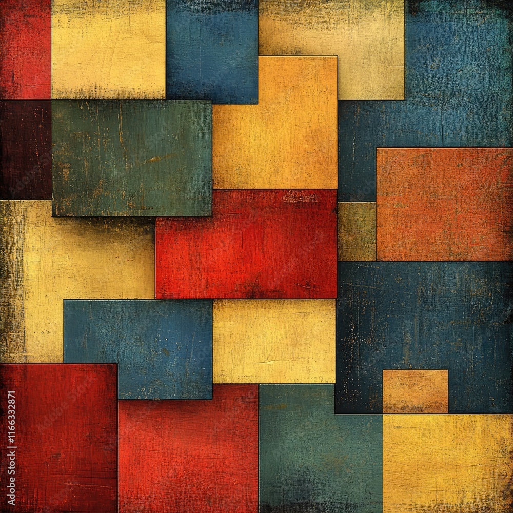 Fototapeta premium A colorful collage of squares and rectangles with a yellow square in the middle