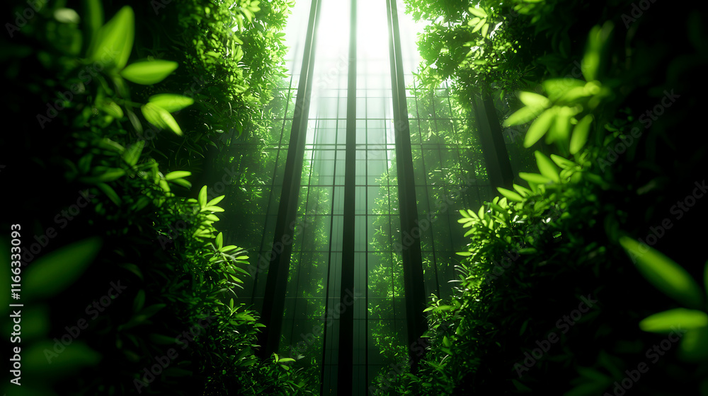 Fototapeta premium Lush green foliage with sunlight filtering through glass structure