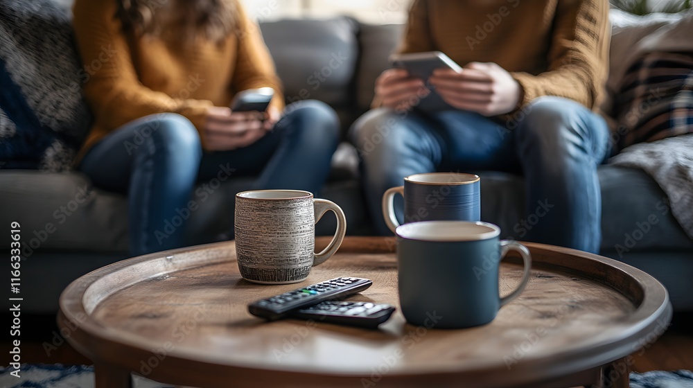 Couple Relaxing At Home With Coffee And Technology Couple Relaxing At Home With Coffee And Technology