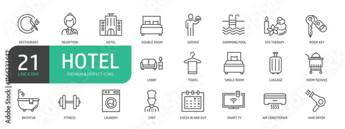 Hotel Line Icon Set. Contains such icons as Hotel, Service, Hotel Reception, Restaurant, Lobby, Bed, Towel, Spa Therapy, Swimming Pool, Bathtub, Key, Fitness.