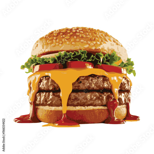 "Burger Food Vector" A mouthwatering double cheeseburger, dripping with melted cheese and ketchup, promises a juicy and flavorful experience. 