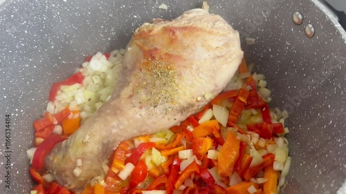 Juicy turkey leg cooking in a saucepan with steaming broth and seasoning.