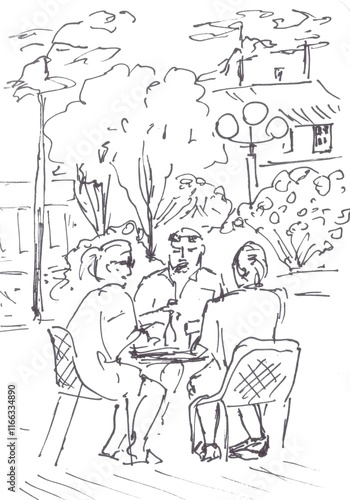 Wallpaper Mural three people sitting at a table in a street cafe, travel sketch Torontodigital.ca