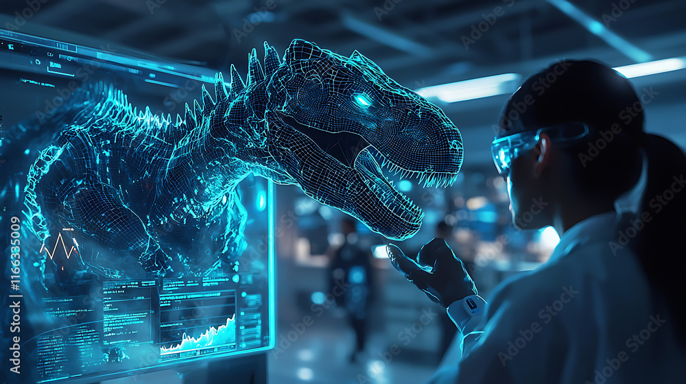 Obraz premium A woman wearing a lab coat is looking at a computer screen with a dinosaur on it