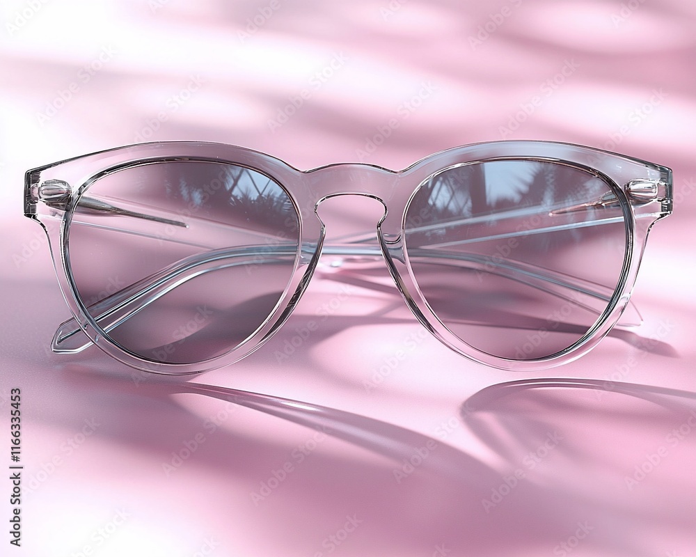 Transparent round sunglasses on pink background. Transparent round sunglasses on pink background.