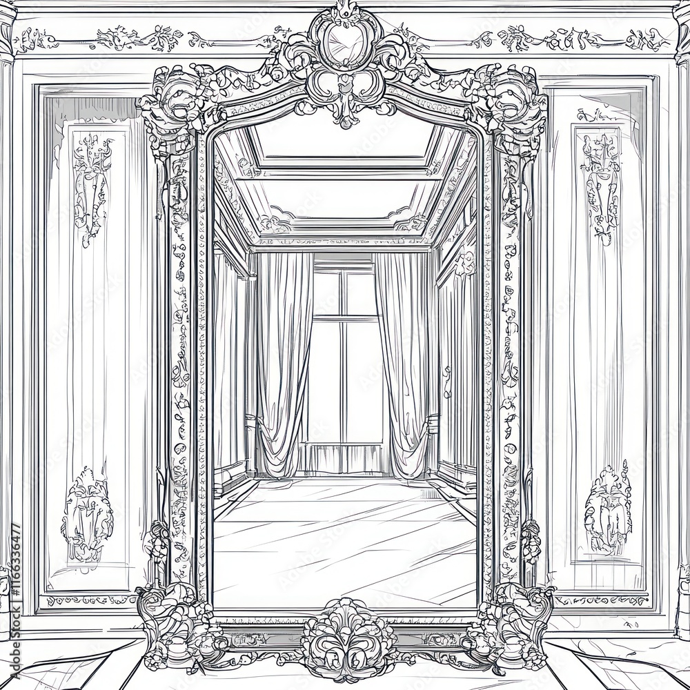 Fototapeta premium Ornate Mirror Reflecting Elegant Room Interior Design