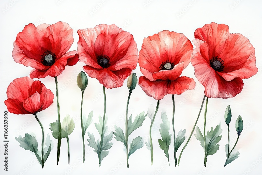 Obraz premium A vibrant illustration of red poppy flowers with green leaves.