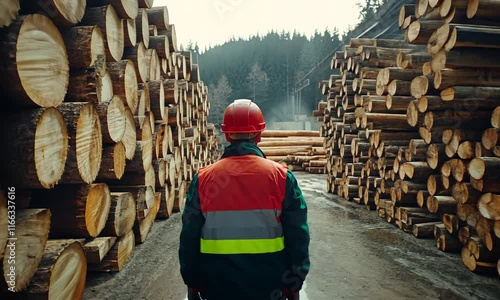 A worker in safety gear stands between stacks of timber in a logging area.