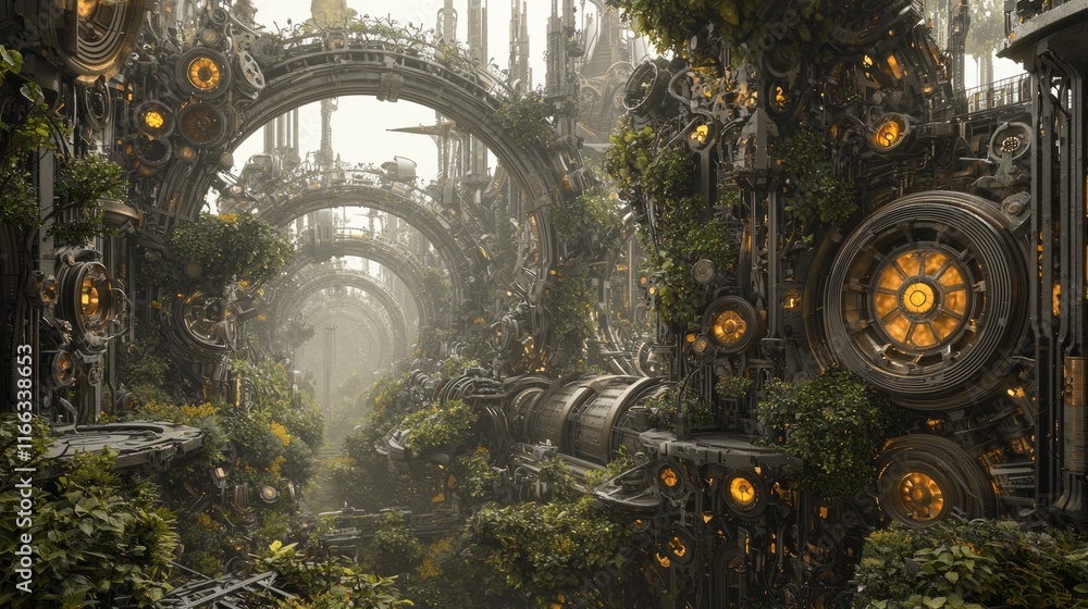 Enchanted Mechanical Botanical Wonderland - 3D Render Fantasy Artwork of Whimsical Forest with Giant Metal Flora and Glowing Vines Enchanted Mechanical Botanical Wonderland - 3D Render Fantasy Artwork of Whimsical Forest with Giant Metal Flora and Glowing Vines