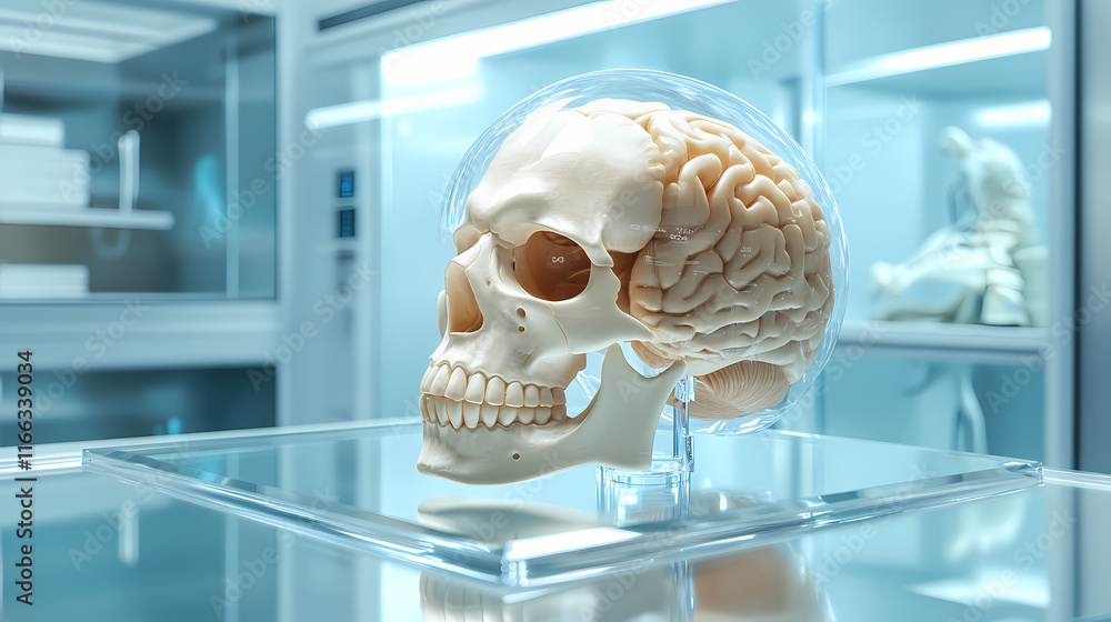 Human skull model with brain detail on a glass display in a medical setting. Etherwood. Illustration Human skull model with brain detail on a glass display in a medical setting. Etherwood. Illustration