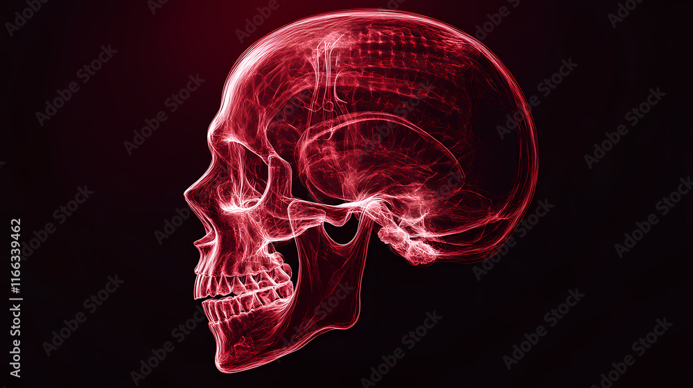 Minimalist x-ray skull: detailed cranial structure, red-dark background, quarter view. Etherwood. Illustration Minimalist x-ray skull: detailed cranial structure, red-dark background, quarter view. Etherwood. Illustration