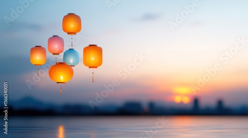 Colorful lanterns floating against a sunset backdrop.