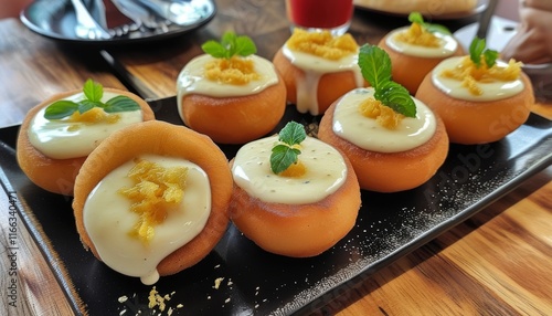 Delicious Acaraj and Vatap Fritters on a Black Plate Garnished with Mint and Seasoning photo