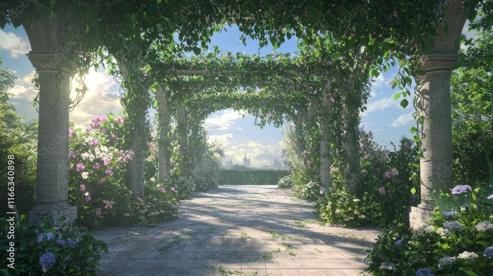 Enchanted Mechanical Trellis: A Fusion of Nature and Machine in Serene Garden - 3D Render Digital Artwork Enchanted Mechanical Trellis: A Fusion of Nature and Machine in Serene Garden - 3D Render Digital Artwork