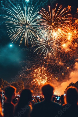 A crowd watches a vibrant fireworks display lighting up the night sky.