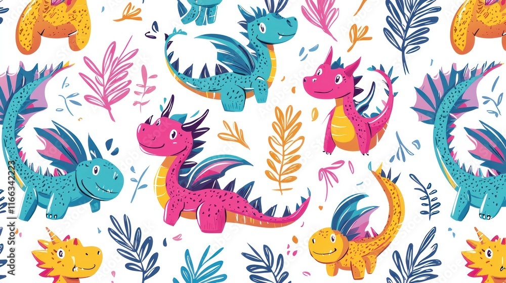 Whimsical Colorful Dragons Pattern: A Delightful Repeat Design Featuring Playful Dragons and Tropical Leaves Whimsical Colorful Dragons Pattern: A Delightful Repeat Design Featuring Playful Dragons and Tropical Leaves