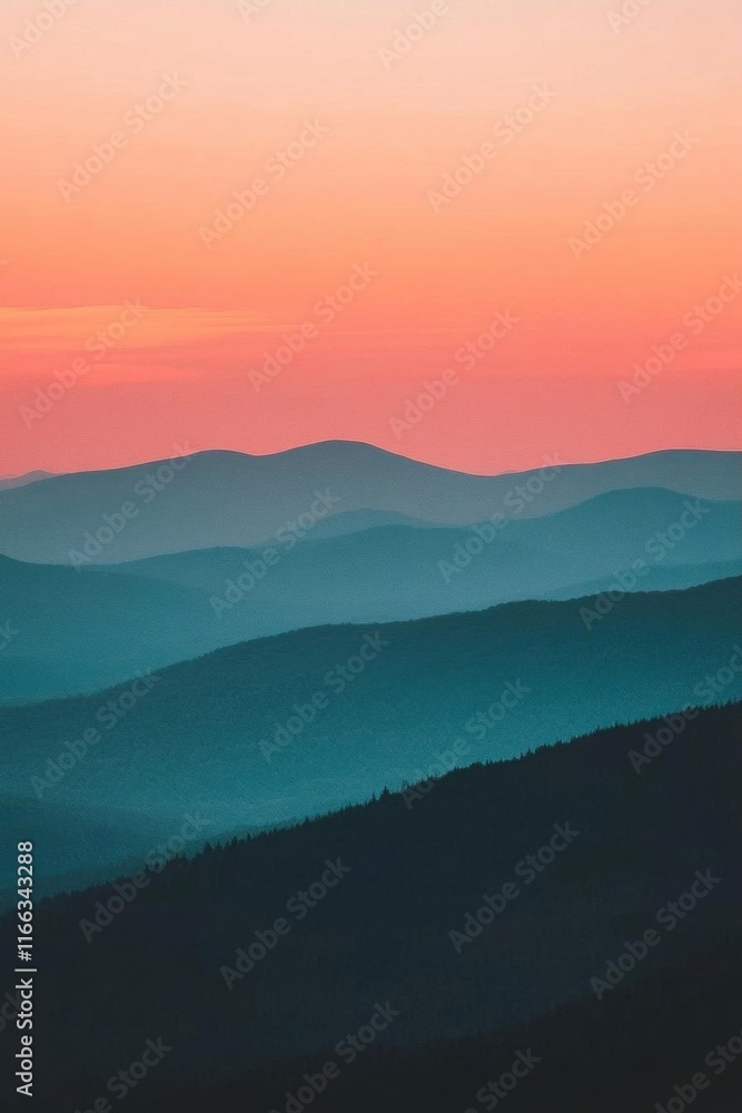 Obraz premium Serene mountain landscape at sunset with soft, layered hues.