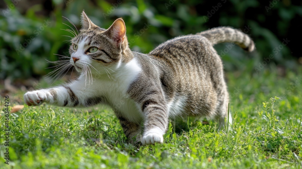 A playful cat exploring a grassy area with curiosity and agility. A playful cat exploring a grassy area with curiosity and agility.