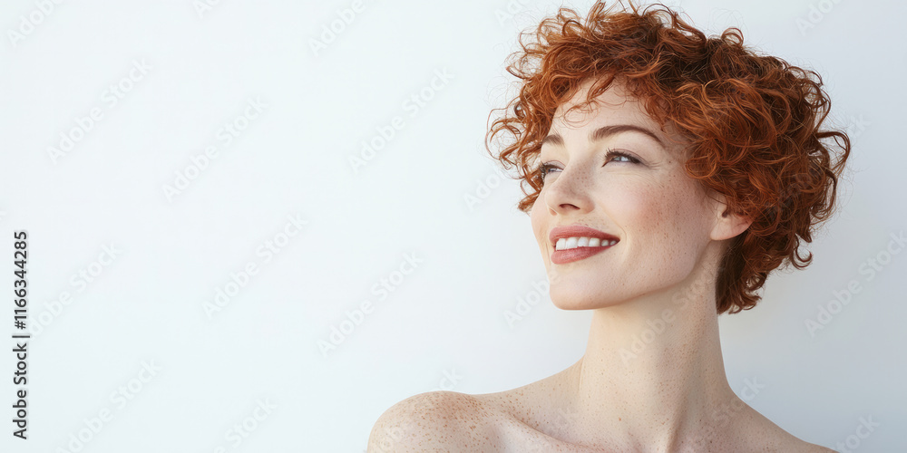 A photograph of a woman with short, curly red hair, smiling slightly and looking to the side against a white background, generative AI A photograph of a woman with short, curly red hair, smiling slightly and looking to the side against a white background, generative AI