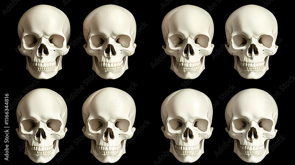 Eight white skulls arranged in two rows of four on a black background. Etherwood. Illustration Eight white skulls arranged in two rows of four on a black background. Etherwood. Illustration