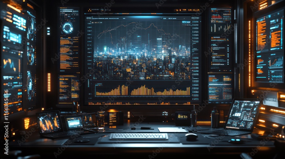 Futuristic Tech Desk: Night City Data Streams Futuristic Tech Desk: Night City Data Streams