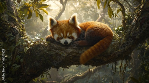 Adorable red panda sleeping peacefully on a tree branch in a lush forest. photo