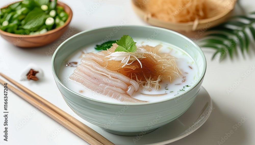Silky Noodles with Banh Tam Bi in a Fresh Bowl Decorated with Herbs and Green Onions