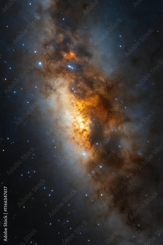 Fototapeta premium Vibrant cosmic nebula with bright stars and dark dust lanes.
