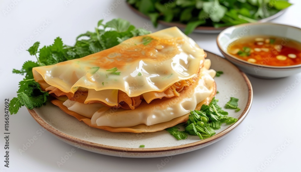 Delicious Vietnamese Banh Xeo Pancake with Fresh Herbs and Dipping Sauce on a Plate Delicious Vietnamese Banh Xeo Pancake with Fresh Herbs and Dipping Sauce on a Plate