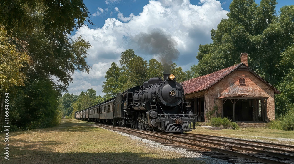Obraz premium A vintage steam train approaches a rustic station under a cloudy sky.