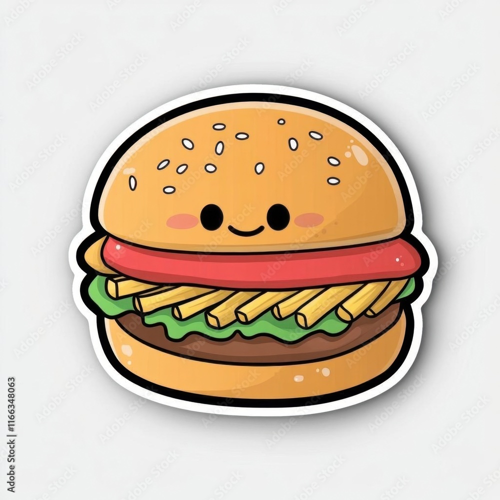 A cute, cartoonish hamburger with a smiling face and colorful toppings. A cute, cartoonish hamburger with a smiling face and colorful toppings.