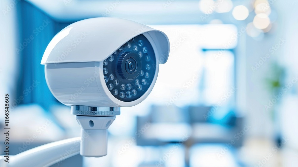 A modern security camera is positioned indoors, featuring a sleek design and focused lens, ensuring surveillance in a stylish environment. A modern security camera is positioned indoors, featuring a sleek design and focused lens, ensuring surveillance in a stylish environment.
