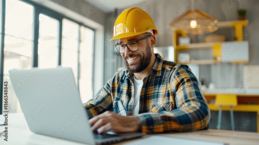 A man wearing a hard hat works on a laptop in a modern workspace, smiling as he engages with his tasks. A man wearing a hard hat works on a laptop in a modern workspace, smiling as he engages with his tasks.