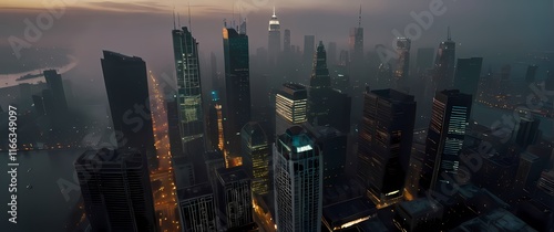 An aerial view of big city life bustling with energy among towering skyscrapers photo