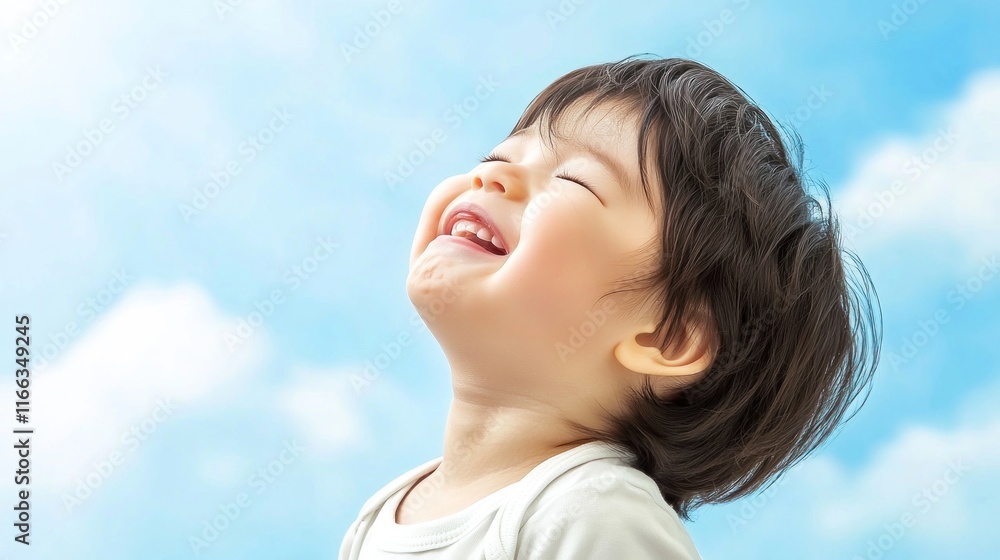 A joyful child laughing against a bright blue sky. A joyful child laughing against a bright blue sky.