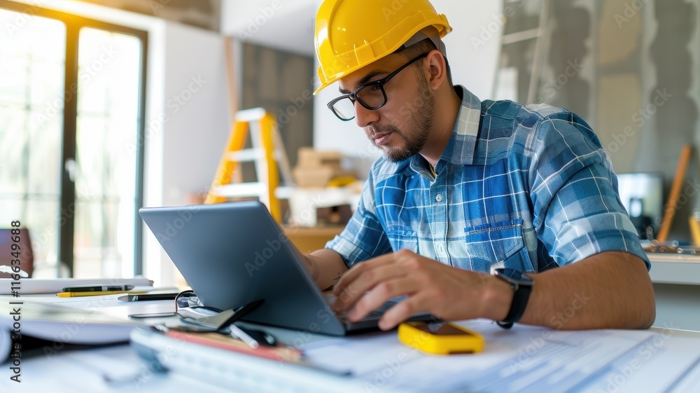 A focused construction worker in a hard hat uses a laptop on a job site, surrounded by tools and plans, illustrating modern project management. A focused construction worker in a hard hat uses a laptop on a job site, surrounded by tools and plans, illustrating modern project management.
