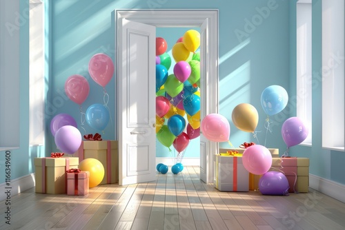 Room with opening door and multi colored ballons and gifts entering. (3d render) photo