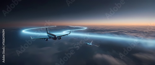 Airplanes represented artistically drawing paths along sky canvases inviting wishful thinking