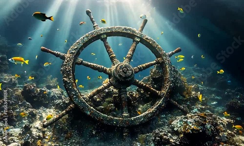 An underwater scene featuring a ship's wheel surrounded by colorful fish.
