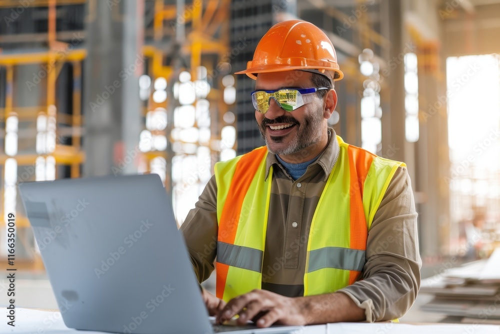A construction worker in a hard hat and safety vest smiles while using a laptop on a site, showcasing modern construction technology and teamwork. A construction worker in a hard hat and safety vest smiles while using a laptop on a site, showcasing modern construction technology and teamwork.
