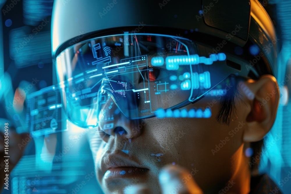 A person wearing augmented reality glasses, interacting with digital data. A person wearing augmented reality glasses, interacting with digital data.