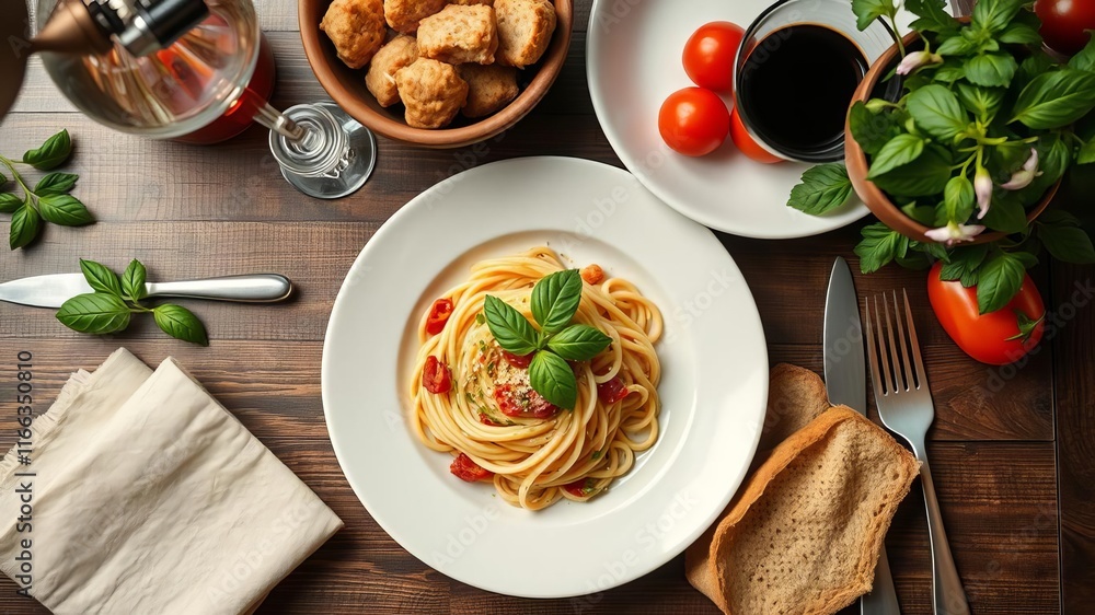 A top view of a mouthwatering bowl of penne ala vodka noodles in a creamy pink tomato sauce on a elegant dining table, pasta, delicious A top view of a mouthwatering bowl of penne ala vodka noodles in a creamy pink tomato sauce on a elegant dining table, pasta, delicious