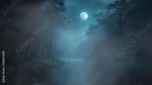Wallpaper Mural Moonlit foggy forest scene with ruins by the lake. Torontodigital.ca