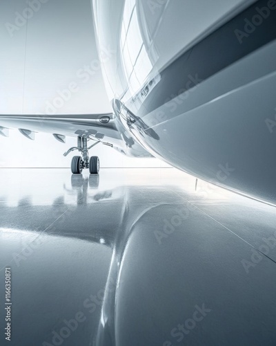 A close-up view of an aircraft on a polished floor in a hangar.