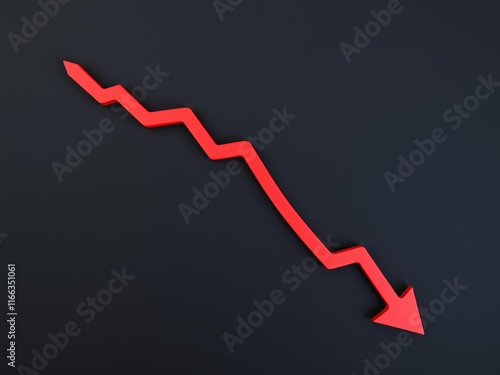 A stock photo featuring a declining stock bar chart with a falling red arrow indicating a decrease in value, market, data photo