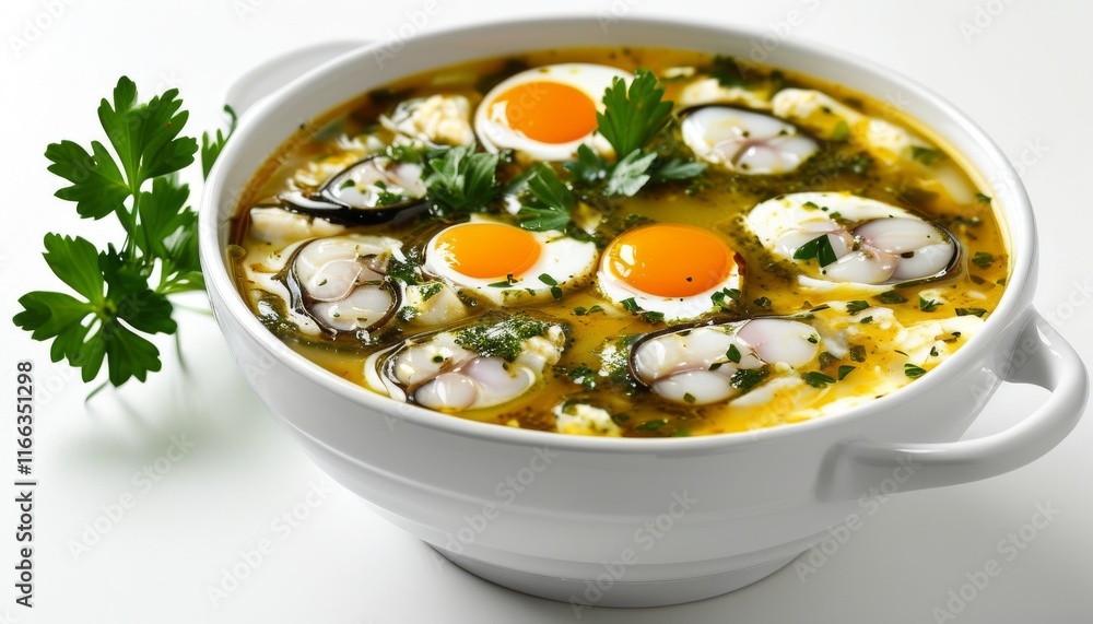 Traditional Fish Stew Bourride with Aioli and Fresh Ingredients in a White Bowl Traditional Fish Stew Bourride with Aioli and Fresh Ingredients in a White Bowl